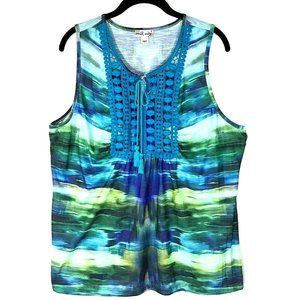 World Unity Crochet Placket Sleeveless Top Size XL Blue Green